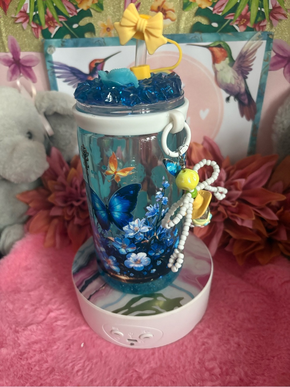 Blue Butterfly Floral Tumbler with Charm Lid